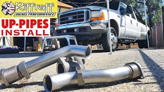 2001 F350 73  RiffRaff UpPipes Install  Stock up pipes leaking and falling apart JUNK SP [upl. by Thorlie]